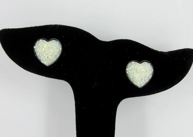 Summerfield Collection Antiqued Gold-tone White AB Heart Faux Druzy Stone Stud Earrings 12mm
