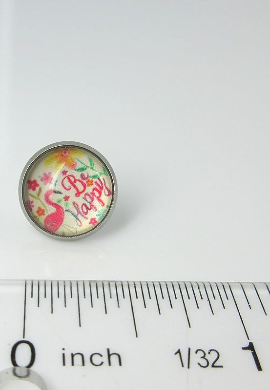 Summerfield Collection Stainless Steel Be Happy Flamingo Print Glass 12mm Stud Earrings