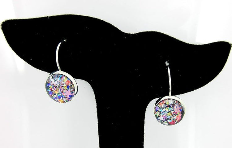 Summerfield Collection Silver-tone Black and Multi-Color Confetti Glitter Glass Drop Earrings Leverback Hand-painted