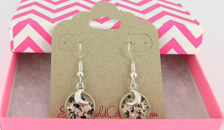 Summerfield Collection Silver-tone White and Black Glitter Glass Curved Horn Charm Dangle Earrings