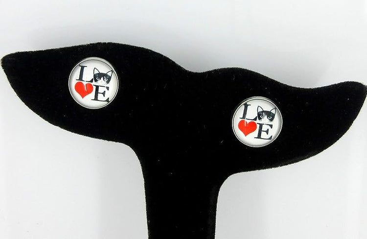 Summerfield Collection Stainless Steel Cat Lover Printed Glass Stud Earrings 12mm (LOVE Cats)