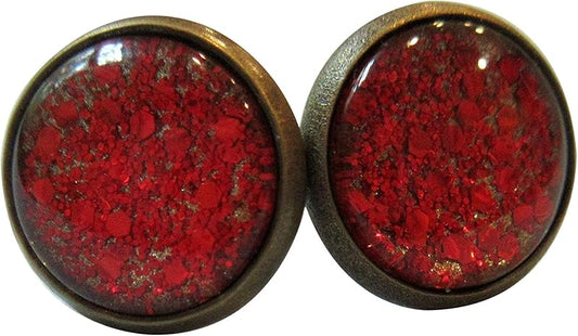 Summerfield Collection Antiqued Gold-tone Red Glitter Glass Stud Earrings Hand-painted 12mm