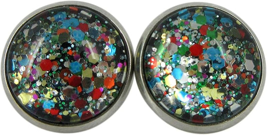 Summerfield Collection Stainless Steel Multi Color Party Confetti Glitter Glass Stud Earrings Hand-painted 12mm