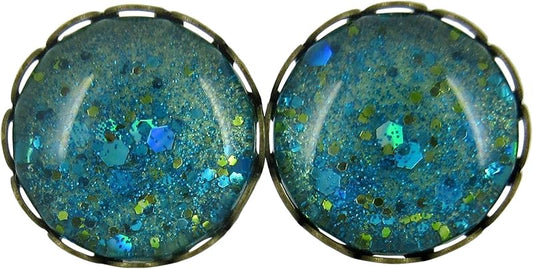 Summerfield Collection Antiqued Gold-tone Seafoam Green and Blue Glitter Glass Stud Earrings Hand-painted 12mm