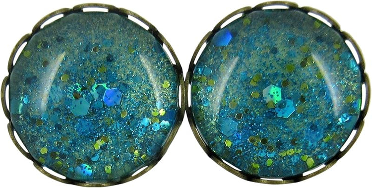 Summerfield Collection Antiqued Gold-tone Seafoam Green and Blue Glitter Glass Stud Earrings Hand-painted 12mm