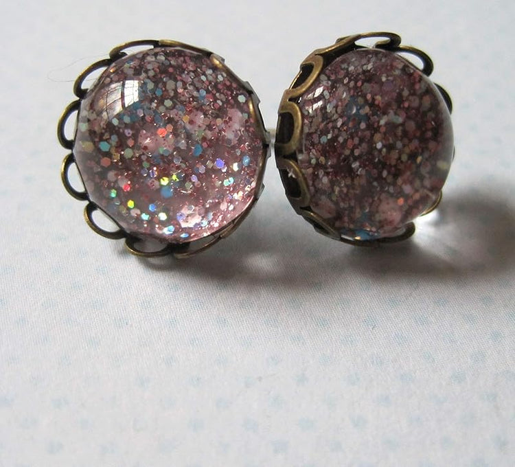 Summerfield Collection Antiqued Gold-tone Pink Iridescent Glitter Glass Stud Earrings Hand-painted 12mm