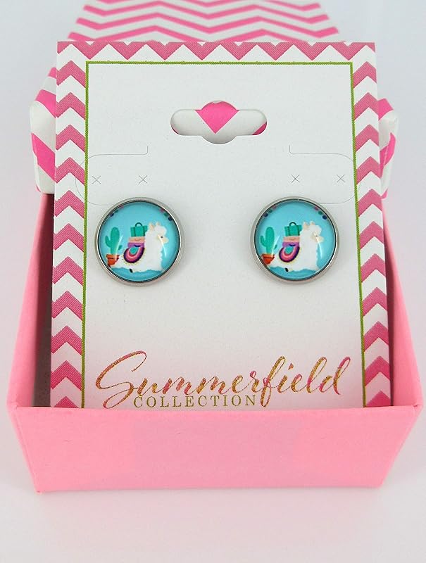 Summerfield Collection Stainless Steel Llama Print Glass Stud Earrings 12mm (Aqua)