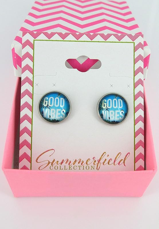 Summerfield Collection Stainless Steel Good Vibes Print Glass Stud Earrings 12mm (Blue Sky)