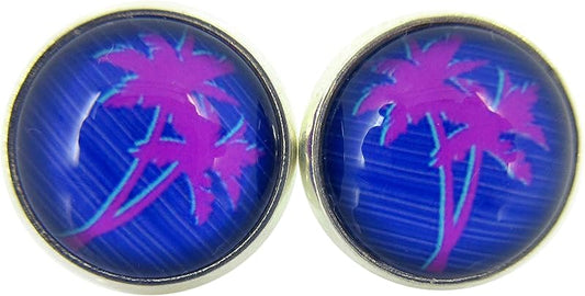 Summerfield Collection Silver-tone Blue and Pink Palm Tree Print Glass Stud Earrings 12mm