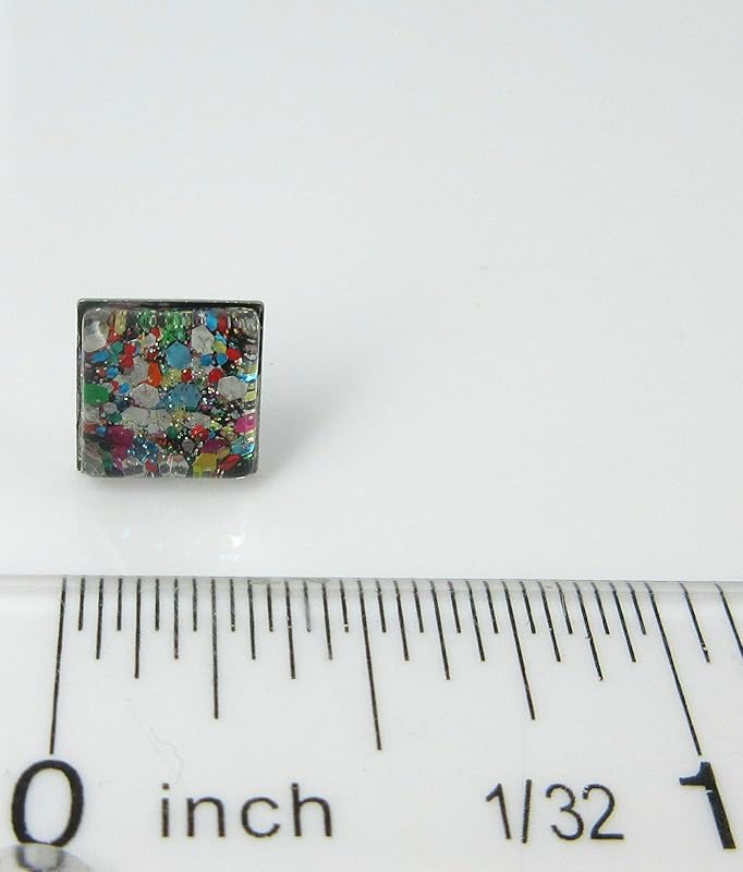 Summerfield Collection Stainless Steel Multi Color Party Confetti Glitter Glass Stud Earrings Hand-painted Square 8mm
