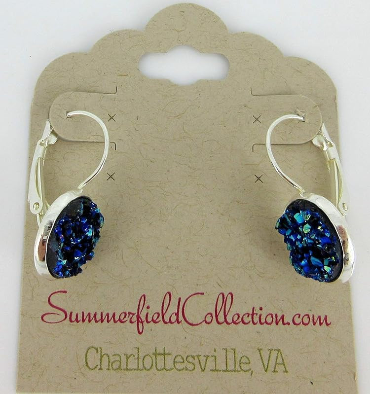 Summerfield Collection Silver-tone Metallic Faux Druzy Stone Lever-back Drop Earrings 12mm (Blue)