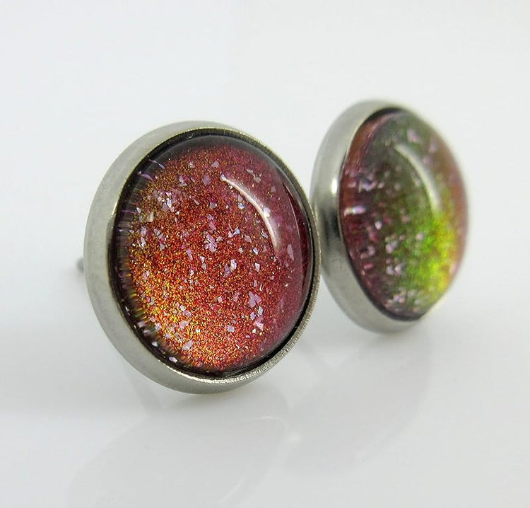 Summerfield Collection Stainless Steel Red Colorshifting to Orange Yellow and Green Glitter Glass Stud Earrings Hand-painted 10mm