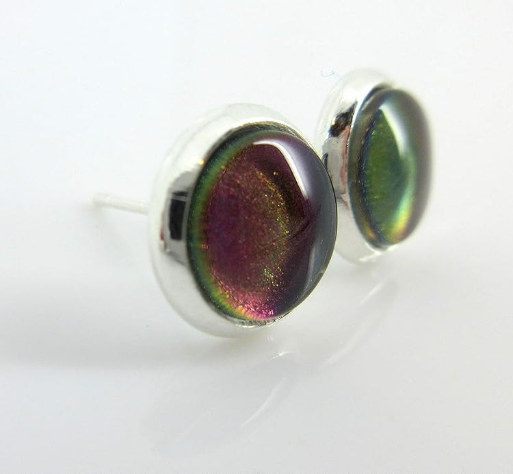Summerfield Collection Silver-tone Dark Green Blue Color Shift Glitter Glass Stud Earrings Hand-painted 8mm