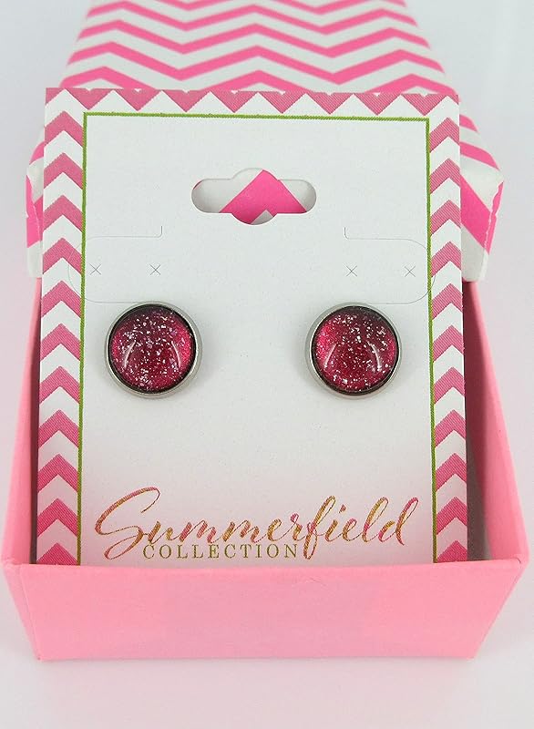 Summerfield Collection Stainless Steel Red Colorshifting to Orange Yellow and Green Glitter Glass Stud Earrings Hand-painted 10mm