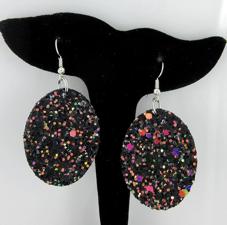 Summerfield Collection Silver-tone Glitter Faux Leather Oval Dangle Earrings (Black and Rainbow)