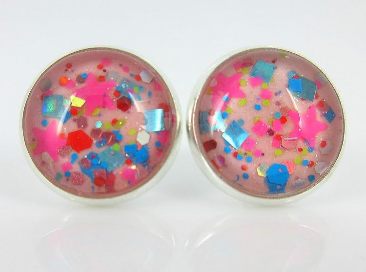 Summerfield Collection Silver-tone Bubblegum Pink Confetti Glitter Glass Stud Earrings Hand-painted 12mm
