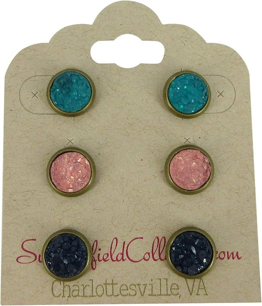 Summerfield Collection Trio Antiqued Gold-tone Stud Earrings 8mm Teal Pink Navy Blue Faux Druzy Stone Set (Teal/Pink/Navy Blue)