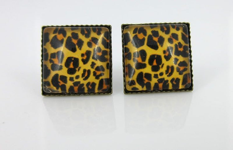 Summerfield Collection Antiqued Gold-tone Animal Print Stud Earrings Geometric Square Shaped 12mm