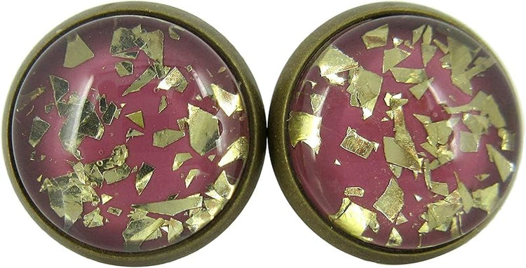 Summerfield Collection Antiqued Gold-tone Plum Berry Glitter Glass Stud Earrings 12mm Hand-painted