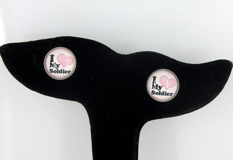 Summerfield Collection Stainless Steel I Love My Soldier Print Glass Stud Earrings 12mm Pink Black