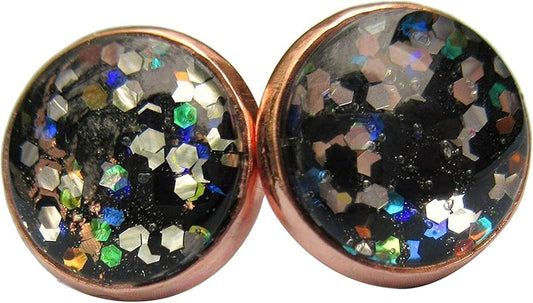 Summerfield Collection Rose Gold-tone Black Meteor Shower Glitter Glass Galaxy Stud Earrings Hand-painted 12mm