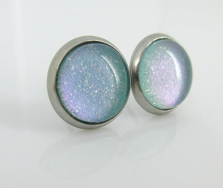 Summerfield Collection Stainless Steel Light Aqua Mint Glitter Glass Stud Earrings Hand-painted 10mm