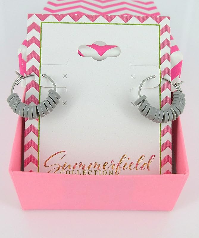 Summerfield Collection 15mm Stainless Steel Polymer Clay Katsuki Bead Hoop Earrings (Light Gray)