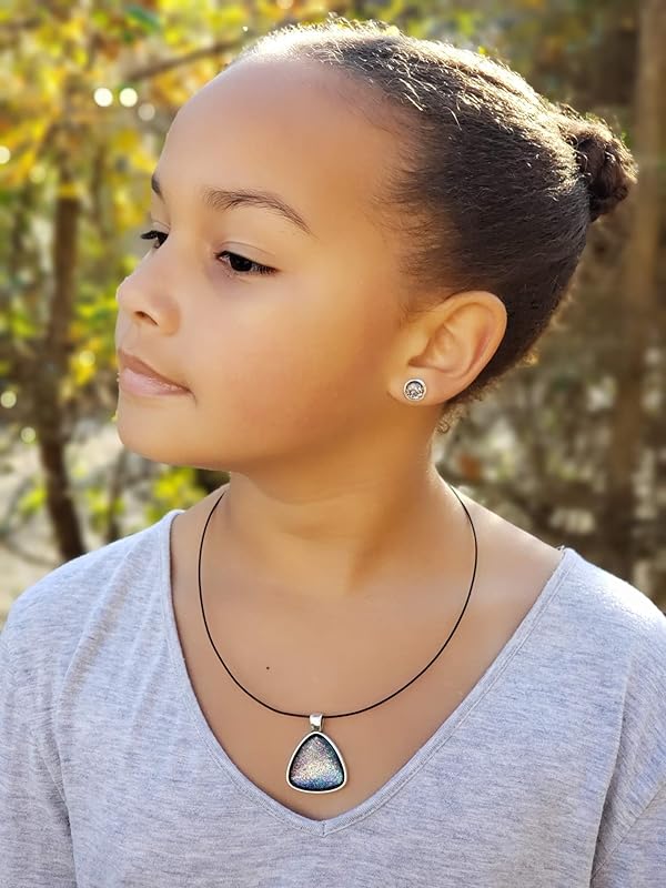 Summerfield Collection Silver-Tone Black and Rainbow Glitter Glass Geometric Pendant Necklace Magnetic 18 inch