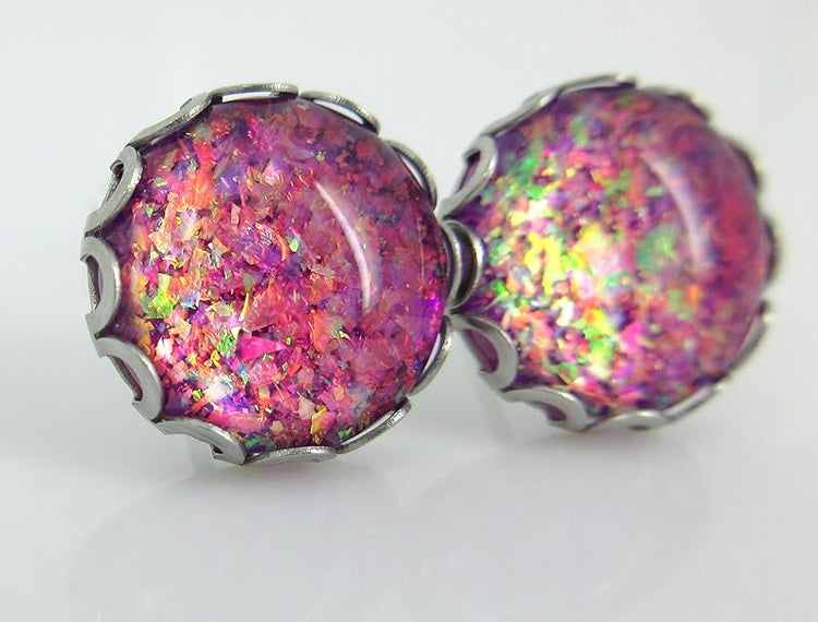 Summerfield Collection Stainless Steel Magenta Pink Purple with Colorshifting Rainbow Flake Glitter Glass Stud Earrings Hand-painted 12mm