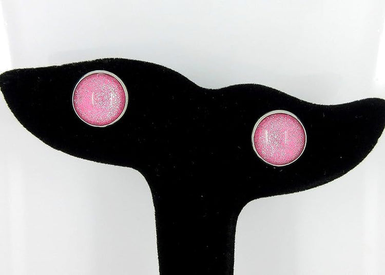 Summerfield Collection Stainless Steel Pink and Silver Glitter Glass Stud Earrings Hand-painted 12mm