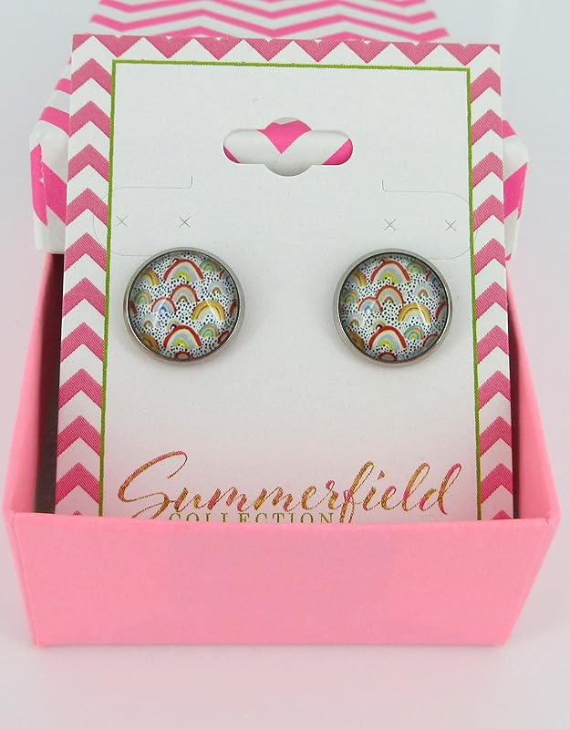 Summerfield Collection Stainless Steel Yellow Blue Vintage Rainbows Print Glass Stud Earrings 12mm Dots