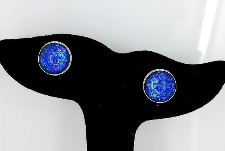 Summerfield Collection Stainless Steel Purple and Blue Holographic Glitter Glass Stud Earrings Hand-painted 12mm