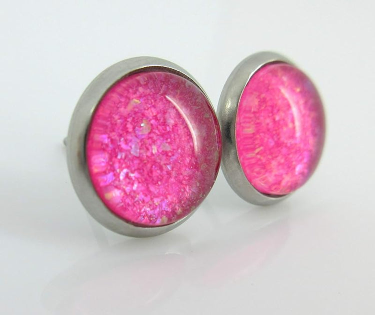 Summerfield Collection Stainless Steel Hot Pink and Iridescent Glitter Glass Stud Earrings Hand-painted 10mm