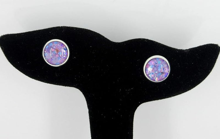 Summerfield Collection Silver-tone Purple Unicorn Mix Glitter Glass Stud Earrings Hand-painted 10mm