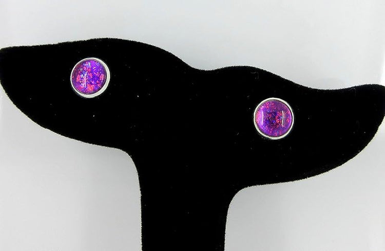 Summerfield Collection Silver-tone Electric Magenta Purple Glitter Glass Stud Earrings Hand-painted 8mm