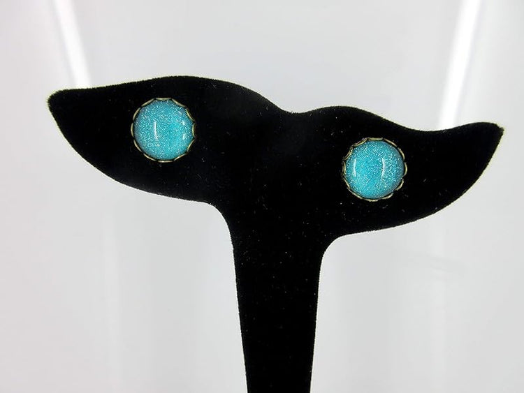 Summerfield Collection Antiqued Gold-tone Teal Blue Green Holographic Glitter Glass Stud Earrings Hand-painted 12mm