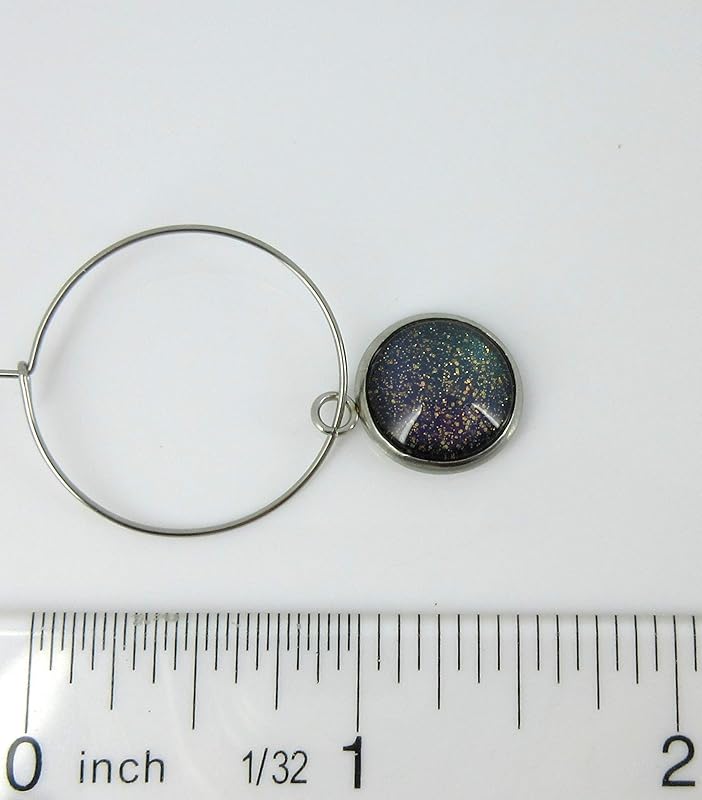 Summerfield Collection Stainless Steel Blue Purple Gray Glitter Glass Charm Hoop Earrings Hand-painted 1"