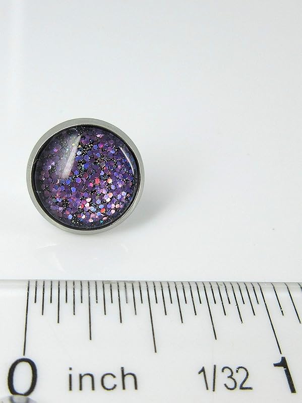 Summerfield Collection Stainless Steel Purple Holographic Glitter Glass Stud Earrings Hand-painted 12mm