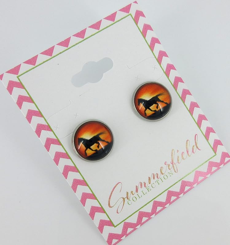 Summerfield Collection Stainless Steel Sunset Horse Print Glass Stud Earrings 12mm