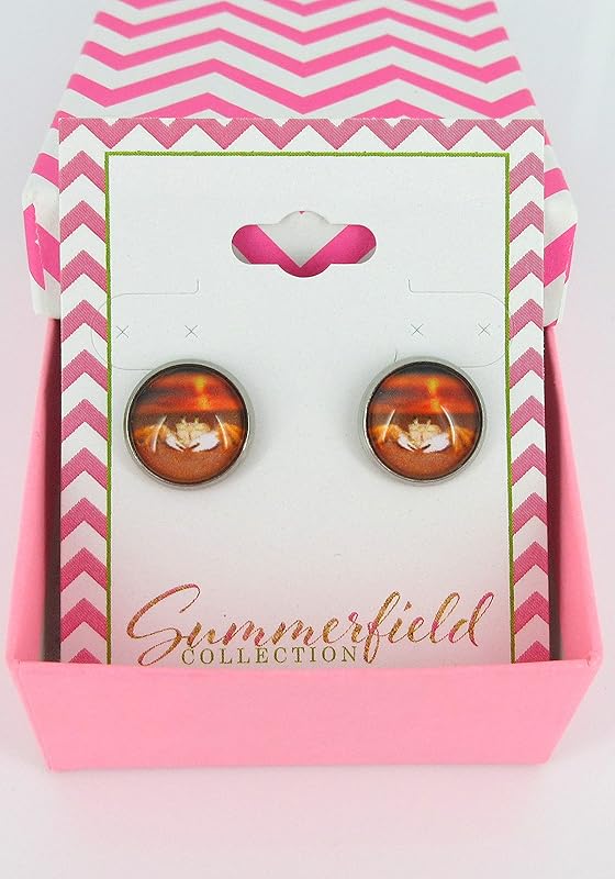 Summerfield Collection Stainless Steel Sunset Crab on the Beach Print Glass Stud Earrings 12mm