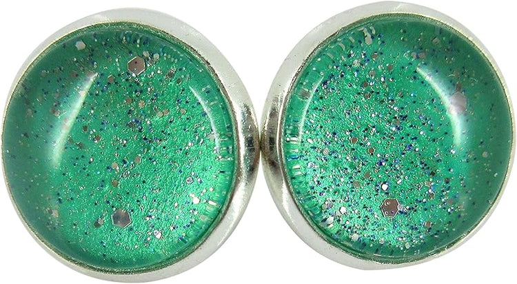 Summerfield Collection Silver-tone Twinkle Glitter Glass Galaxy Stud Earrings Hand-painted 12mm (Mint Green)