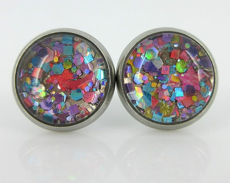 Summerfield Collection Stainless Steel Metallic Pastel Glitter Glass Stud Earrings Hand-painted 10mm