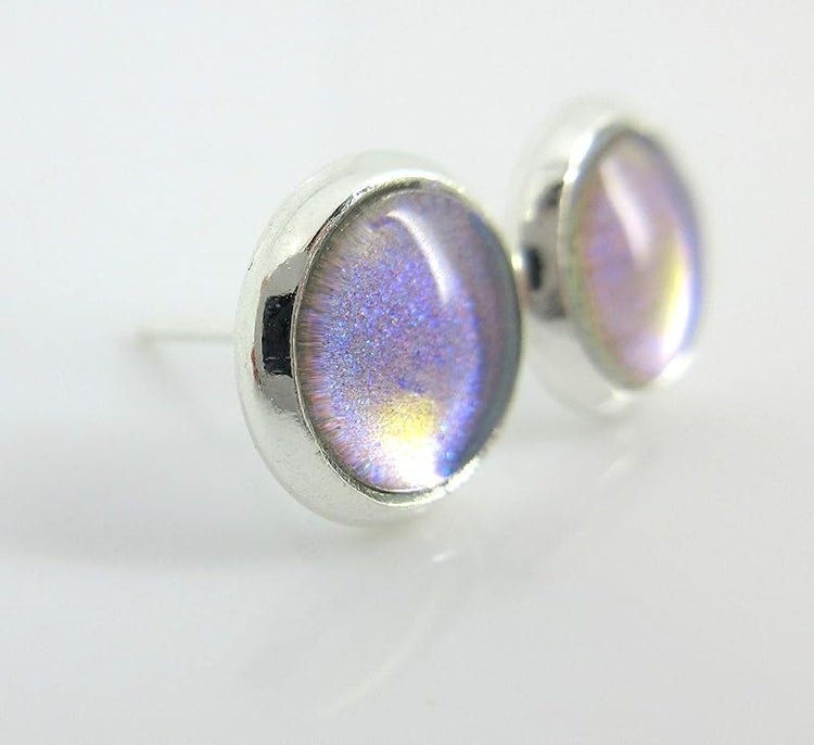 Summerfield Collection Silver-tone Blue Gray Purple Color Shift Glitter Glass Stud Earrings Hand-painted 8mm
