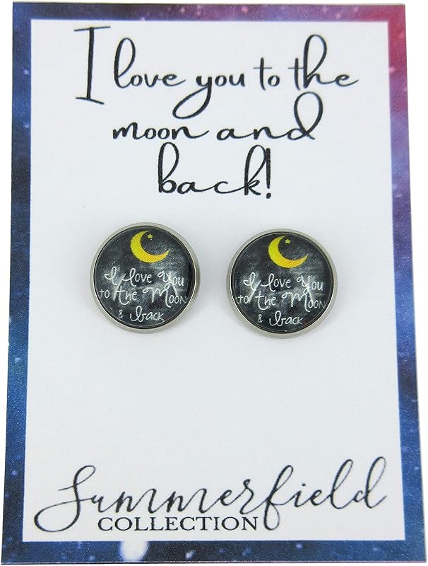 Summerfield Collection Stainless Steel I Love You to the Moon and Back Print Glass Stud Earrings 12mm (Crescent Moon)