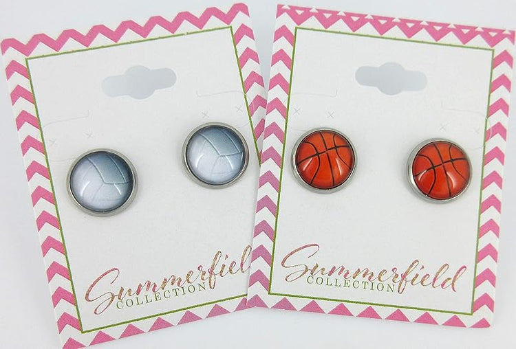Summerfield Collection Stainless Steel Volleyball Print Glass Stud Earrings 12mm