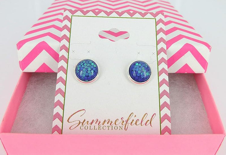 Summerfield Collection Shiny Silver-tone Iridescent Glitter Resin Stud Earrings 10mm (Purple)