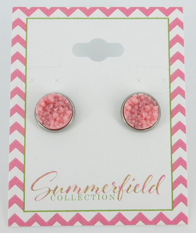 Summerfield Collection Stainless Steel Matte Faux Druzy Stone Stud Earrings 10mm (Rose Pink)