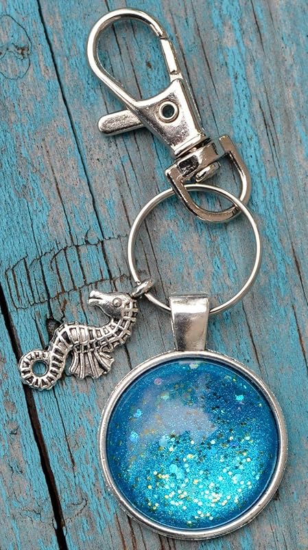 Summerfield Collection Antiqued Silver-tone Ocean Blue Glitter Glass Keychain Seahorse Charm Hand-painted