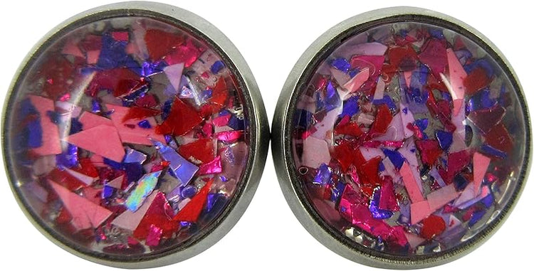 Summerfield Collection Stainless Steel Pink Purple Red Metallic Shard Glitter Glass Stud Earrings Hand-painted 10mm