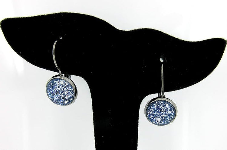 Summerfield Collection Hematite-tone Blue Silver Black Glitter Glass Galaxy Lever-back Drop Earrings Hand-painted